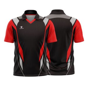 Men’s Cricket T Shirts Half Sleeve Polo Neck Printed Sublimated Cricket Jersey Red & Black Color